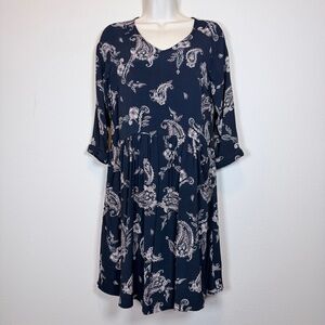 Garnet Hill Navy and White Paisley Long Sleeve Dress Size 4